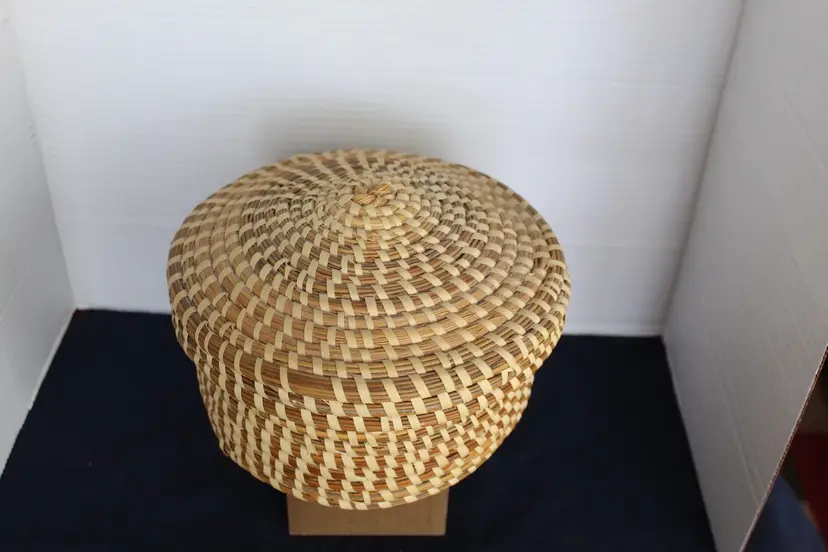 Vintage Handwoven Lidded Coiled Basket Natural Fiber Storage Basket 7.75"