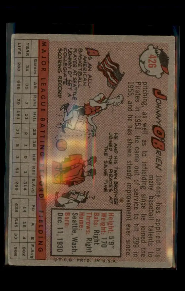 1958 Topps #426 Johnny O'Brien - (pk4) - Pittsburgh Pirates