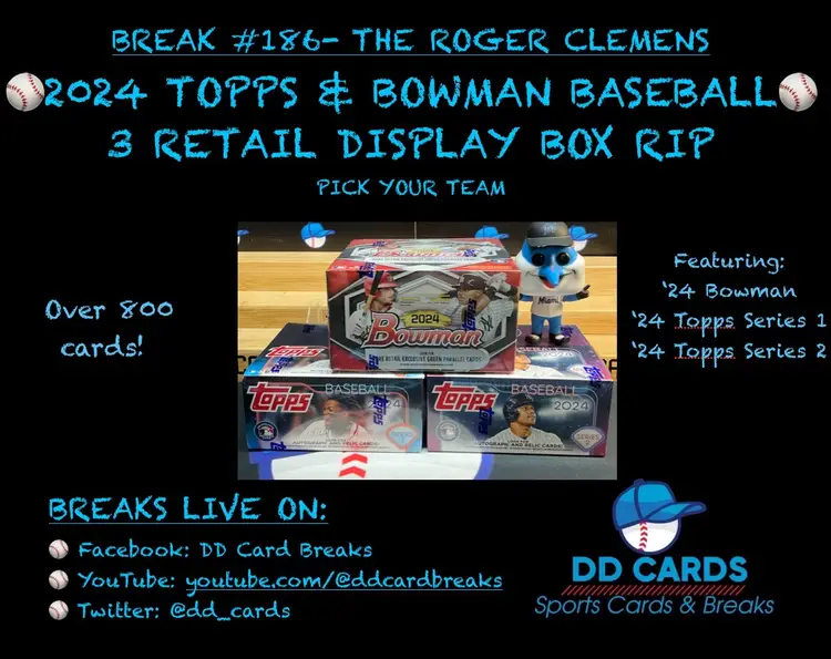 6/28- Rip #186- 2024 Topps Series 1,2 & Bowman (3) Retail Display Box Mixer