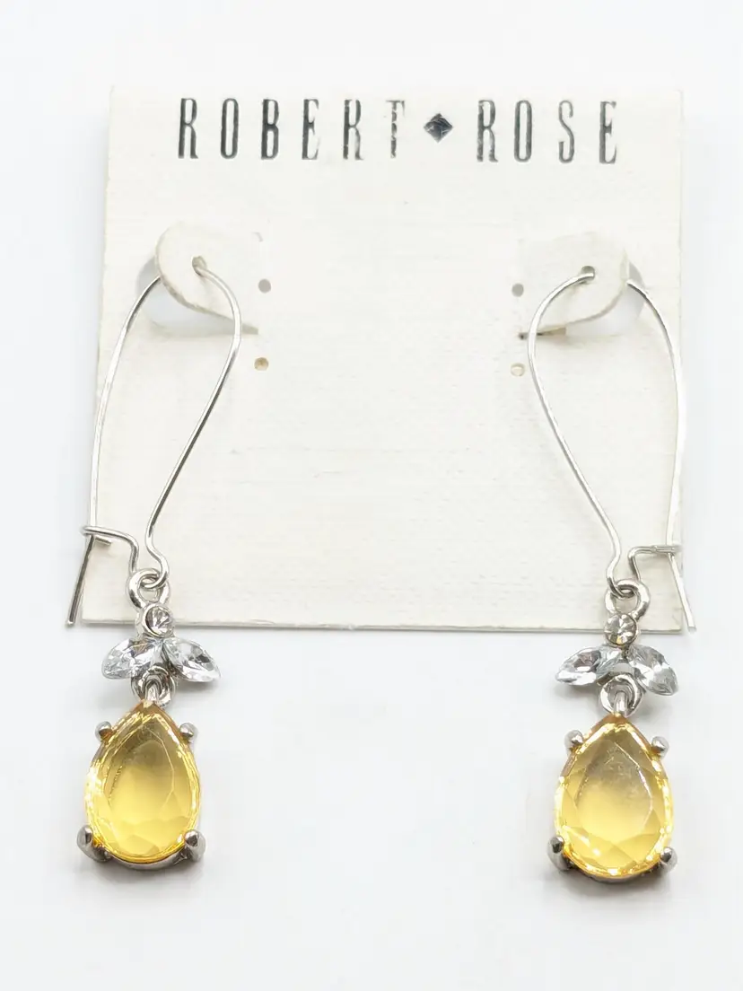 Robert Rose Citrine Color Gems Pierced Dangle Earrings Rhinestones Silver Tone