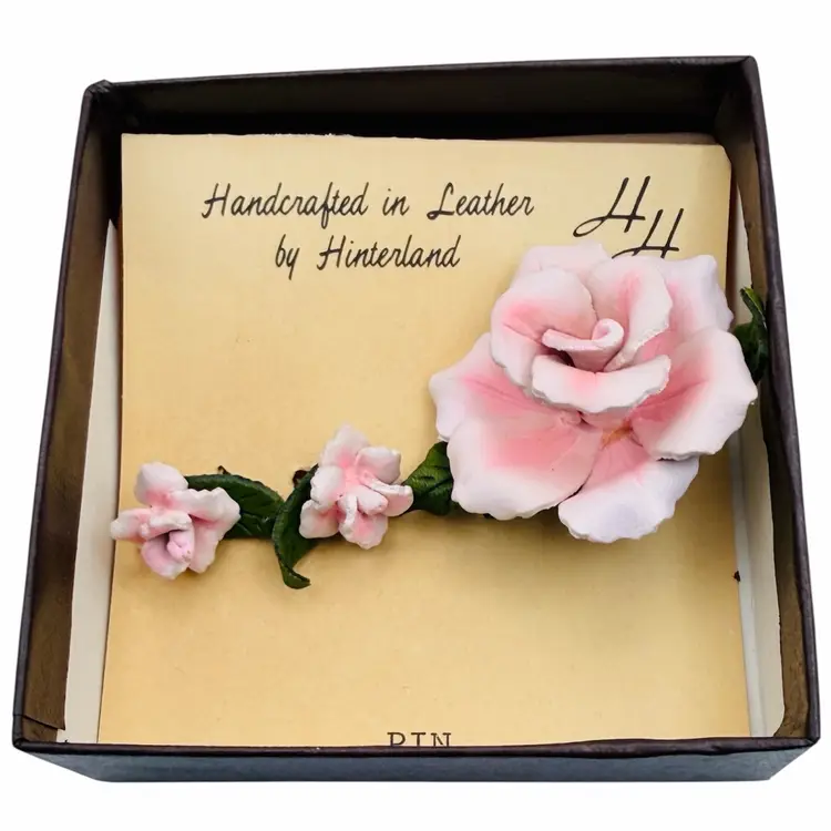 Retro Brooch & Earrings Box Set Hinterland NY Leather Designs Jewelry MCM Pink