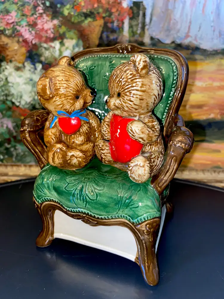 Vintage Otagiri Teddy Bears On Chair Music Box Plays “Love Makes the World Go Round” Decor | Made in Japan