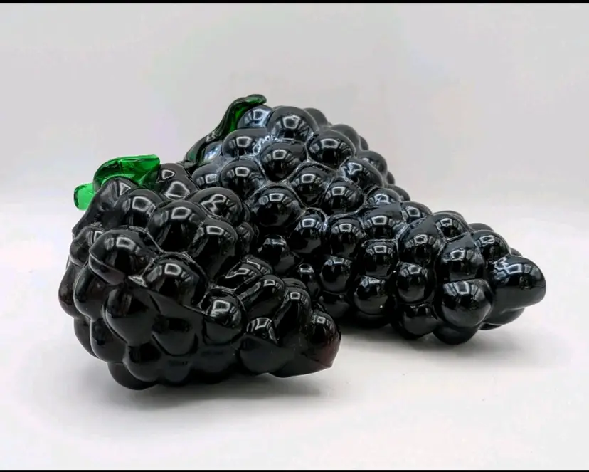 Vintage Glass Grape Cluster Pair Black Amethyst w Green Leaves Italy