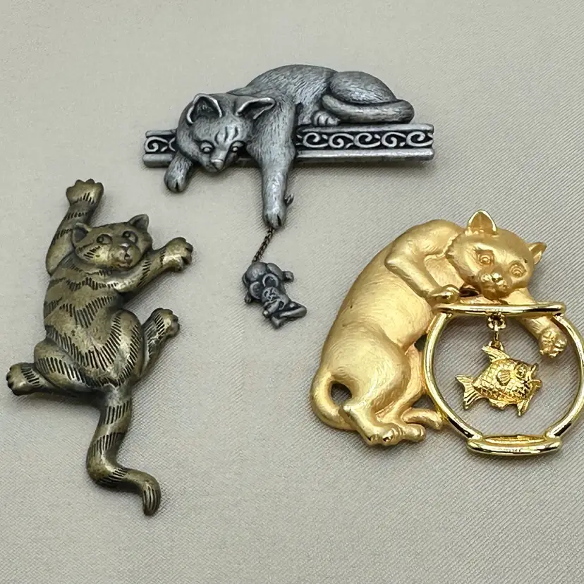 JJ (Jonette Jewelry) Cat Brooches - Cat & Fish Bowl, Cat & Mouse, Cat Climbing