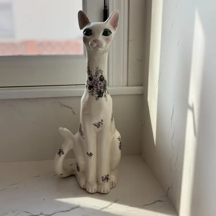 Vintage Long Necked Cat - 17” Tall - Decorated With Flowers