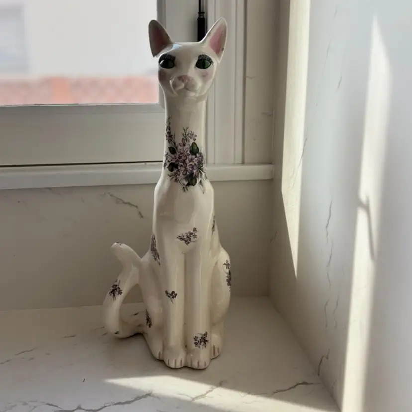 Vintage Long Necked Cat - 17” Tall - Decorated With Flowers
