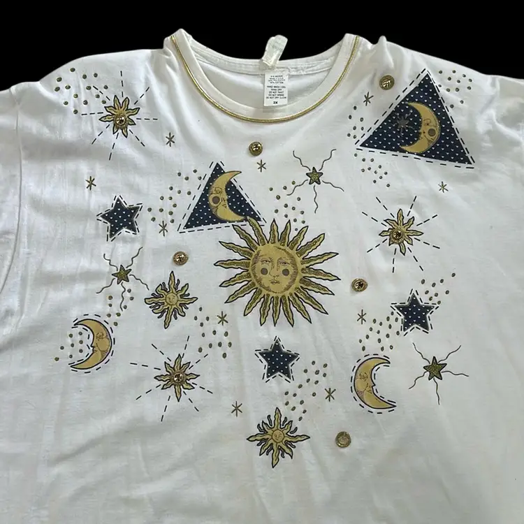 Vintage Single Stitch India Ink Paintworks Celestial Studded T Shirt With Shoulder Pads