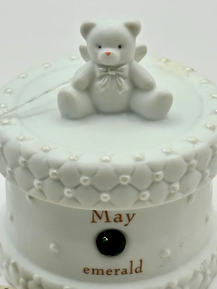 Vintage Month Of May Porcelain 'Emerald' Keepsake Trinket Box With Teddy Bear Figurine, Collectible Vanity Decor, By Russ Berrie & Co., Made In China, MPN 6525