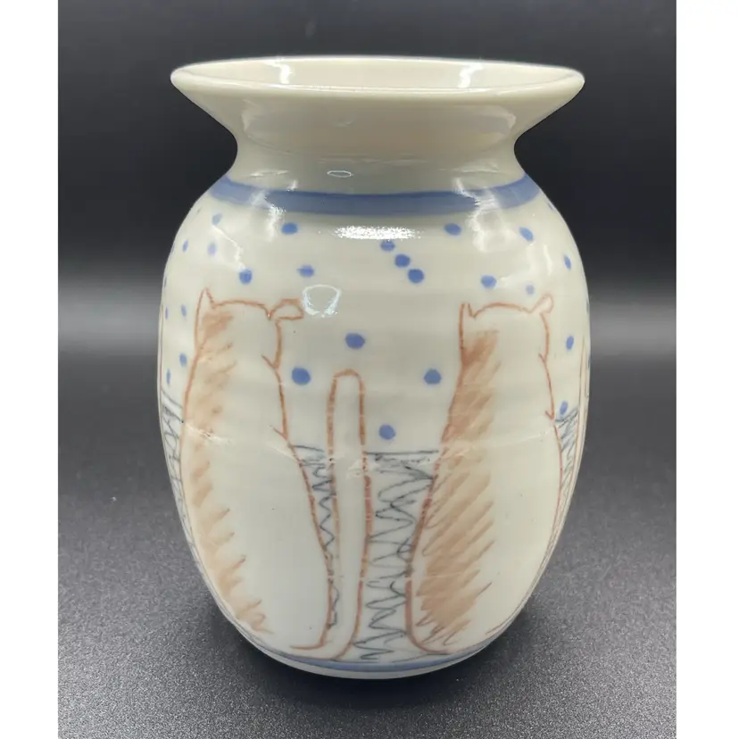 Vintage, Artist Signed Pottery Vase With Cats