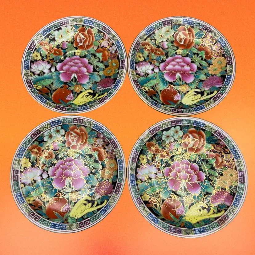 4 Zhongguo Chao Cai Chinese Mille Fleur Hand Painted Saucer Gold Gilt 5.75"