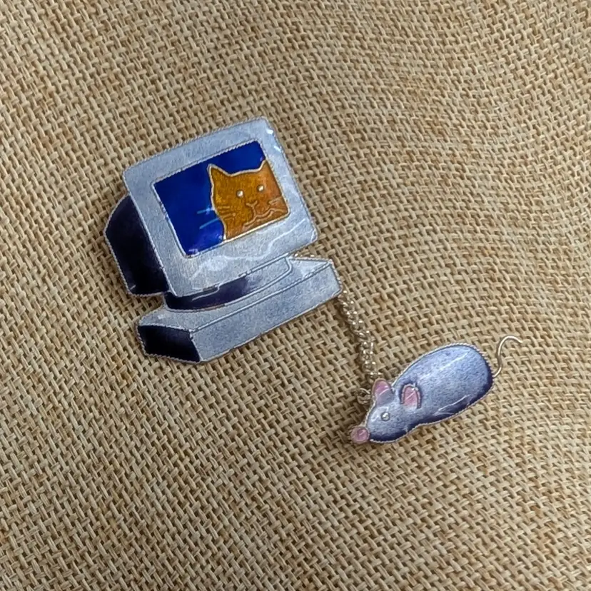Vintage Zarah Enameled Cat in a Computer and Mouse Sterling Silver Pin Brooch