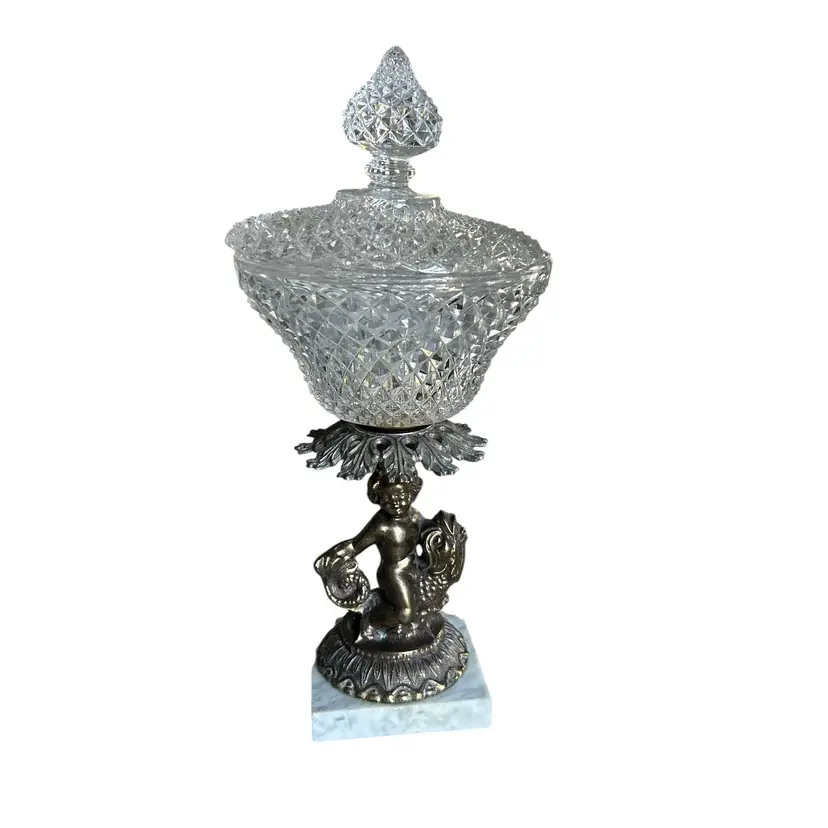Vintage Metal Cherub on Fish Pedestal Glass Candy Dish on Marble Base