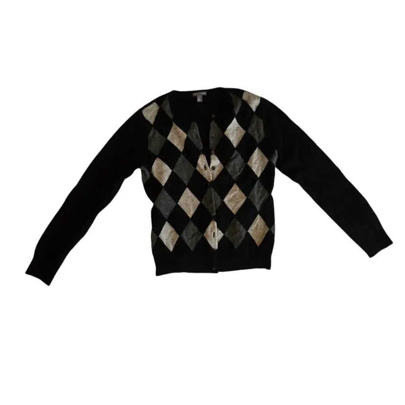 Cashmere Apt 9 100% Cardigan Argyle Women's Large Black White Plaid Sweater Ladies made in China