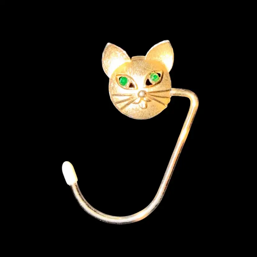 Vintage Cat Purse Hanger Gold Tone Bag Hook Green Rhinestone Eyes Table Hook
