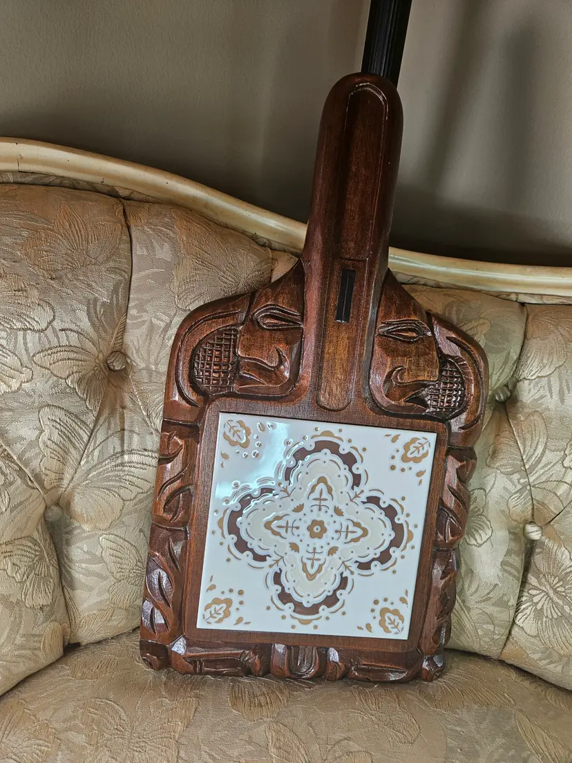 Vintage Carved Wood and Stone Tile Cheese, Charceuterie Board  Made in Honduras