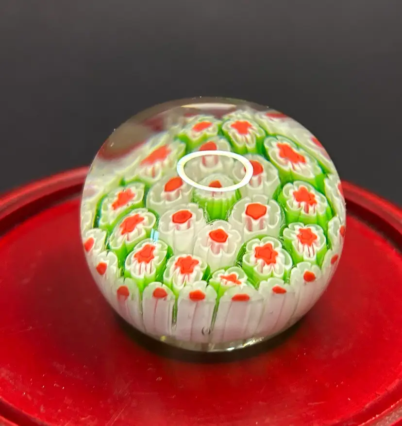 Green White And Red 1 1/2x 2 Millefiori Glass Paperweight Unmarked