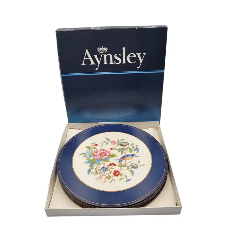 Aynsley Pembroke Blue & White Floral Bird Cork-Backed Place Mats Set Of 5 With Box
