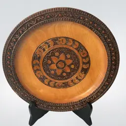 Hand-Carved Wooden Plate with Brass Wire Inlay – Floral- Folk Art Design – 9” Beautiful Marquetry