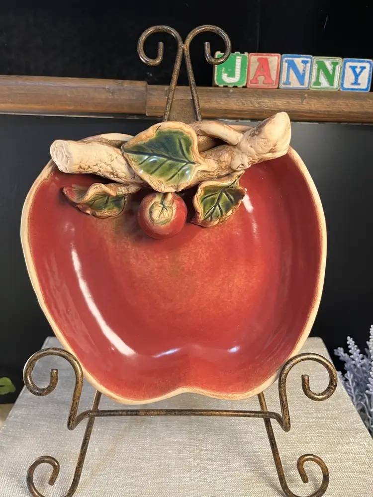 Majolica Pottery-Vintage Apple Pottery Bowl. Glossy Muted Maroon Color w/ 3-Dimensional Design on Rim-Includes Branch, Green Leaves & a Small Red Apple