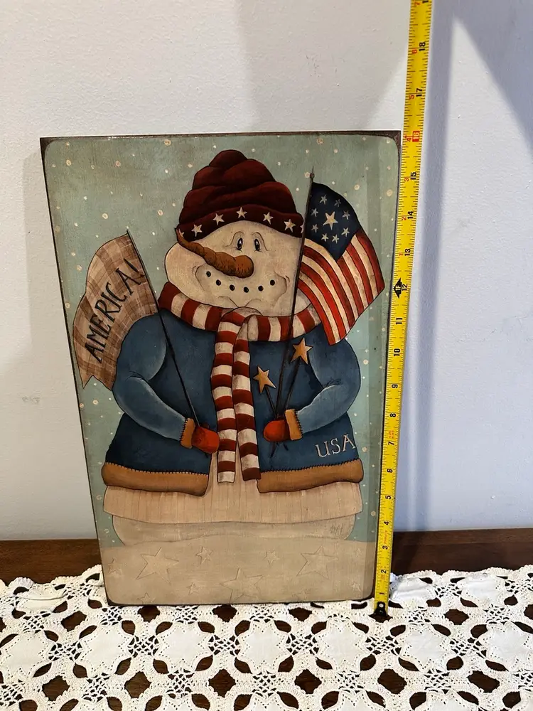Folk art Wooden Print of patriotic snowman by David Harden  Approx. 10”x 17”