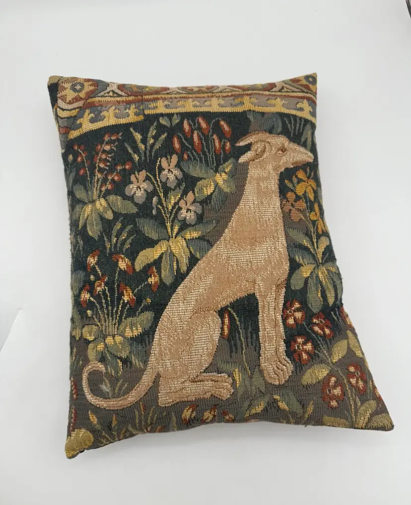 French Handwoven Aubusson Dog Tapestry Pillow