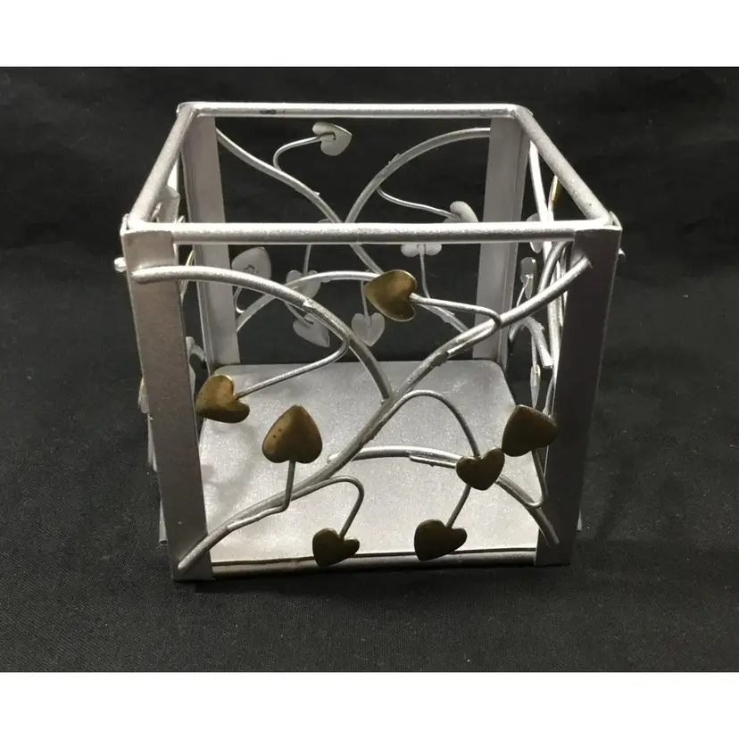 Unique open work silver tone vines with gold tone leaves, metal box, 4"x4"x4"