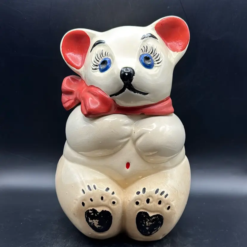 Vintage 1950s American White Teddy Bear w/ Red Bow Ceramic Cookie Jar 11”