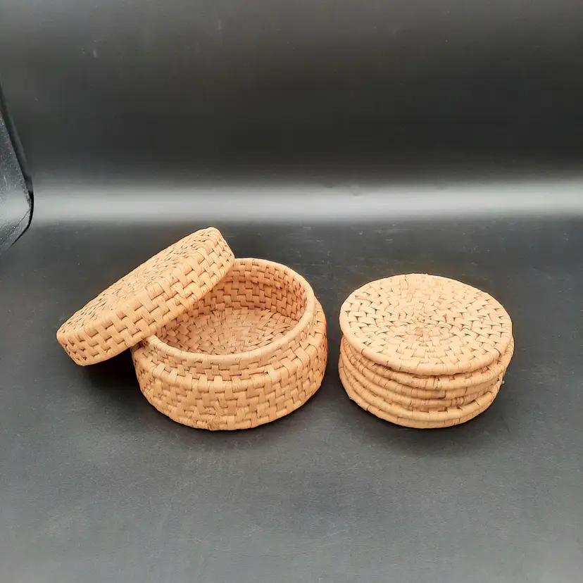 Woven Rattan Coasters Set Of 6 With Lidded Basket