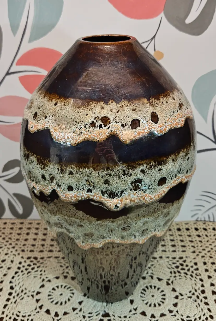 Beautiful Iridescent Brown Vase w/ Rows of Foamy Drip Glaze 12"