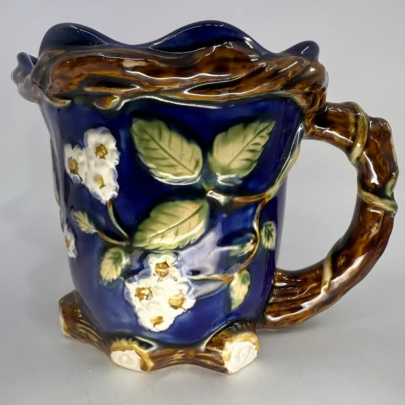 Wan Jiang Nouveau Majolica Water Pitcher Cobalt Blue W Strawberries & Vines