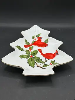Vintage 1984 Lefton China Holiday Holly Cardinal Candy Dish Tree Shaped 04540