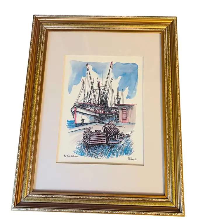 Key West, Waterfront Framed 1975 Watercolor Print By Robert E Kennedy 11”x 14”
