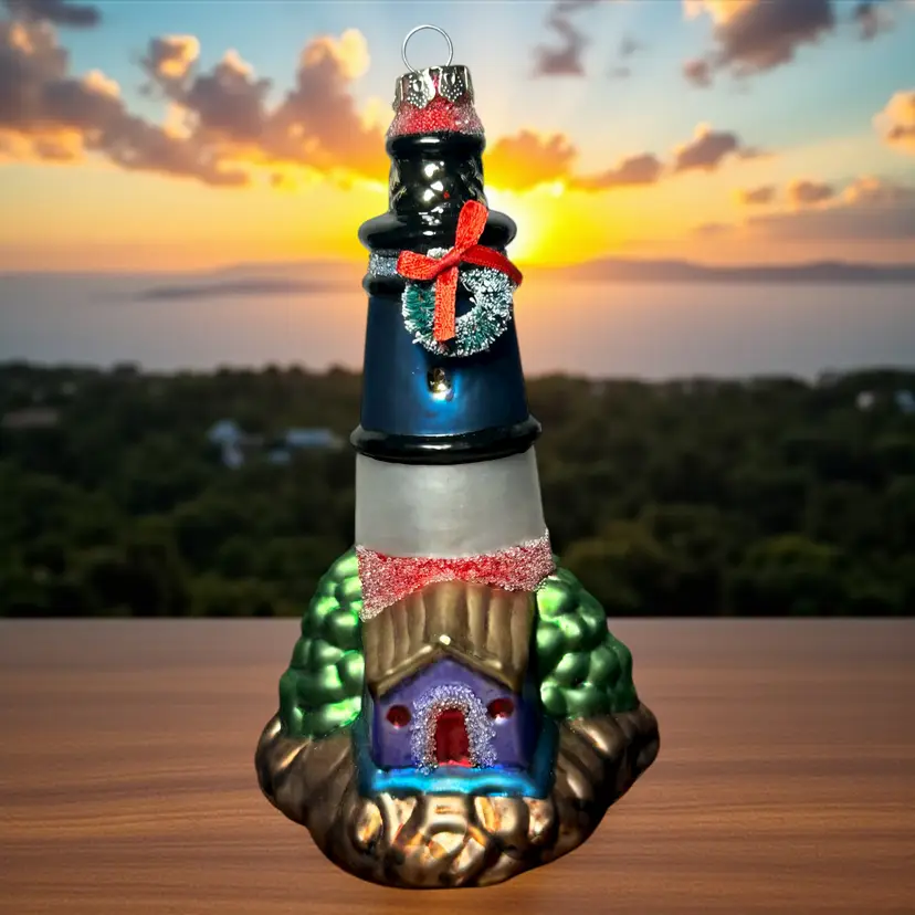 Glass Christmas Ornament Lighthouse With Wreath 6.5" Tall