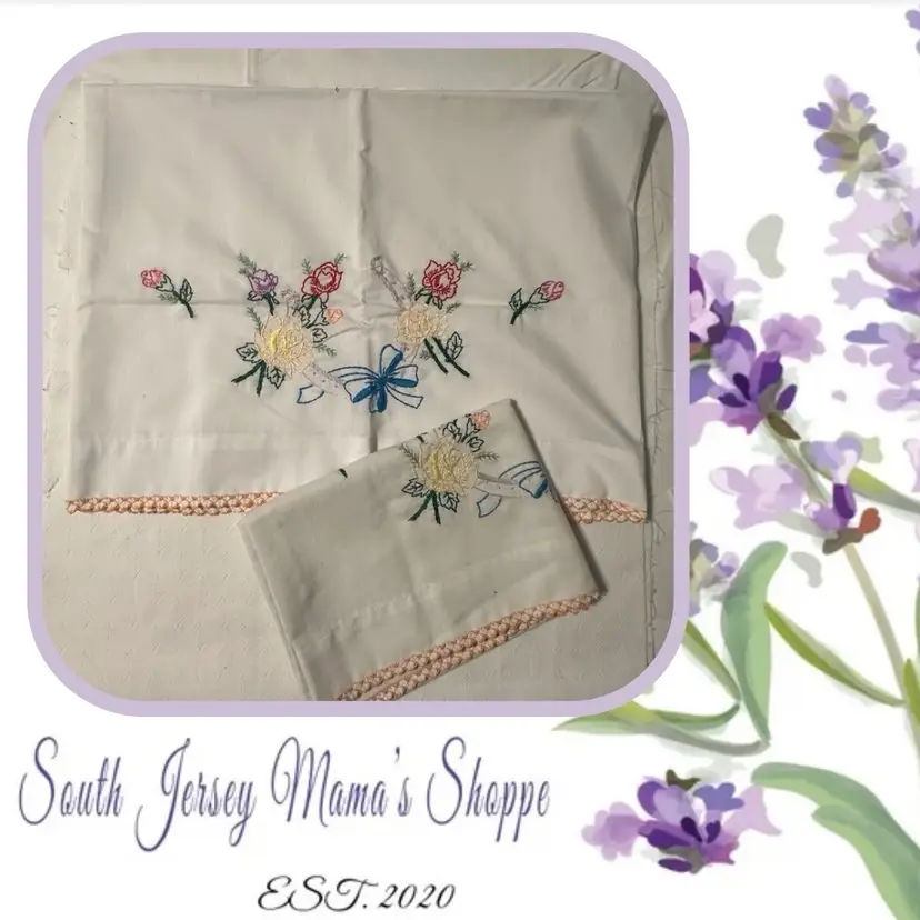 Vintage Set Of Two White With Pastel Embroidered Floral Pillowcases