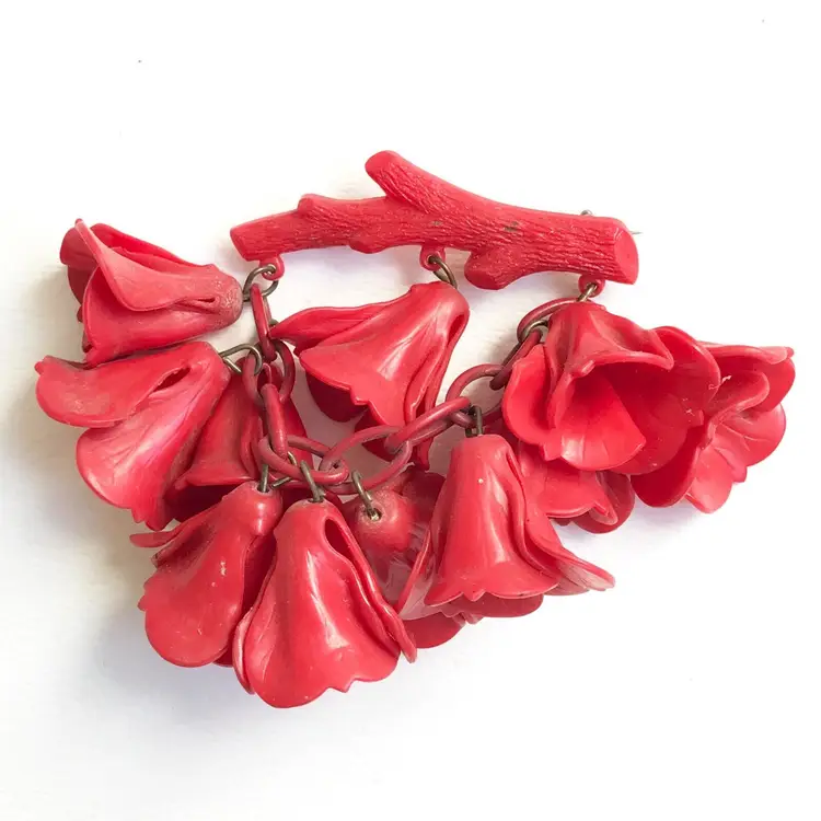 Vintage Early Plastic Red Celluloid Dangling Floral Flower & Branch Chain Brooch