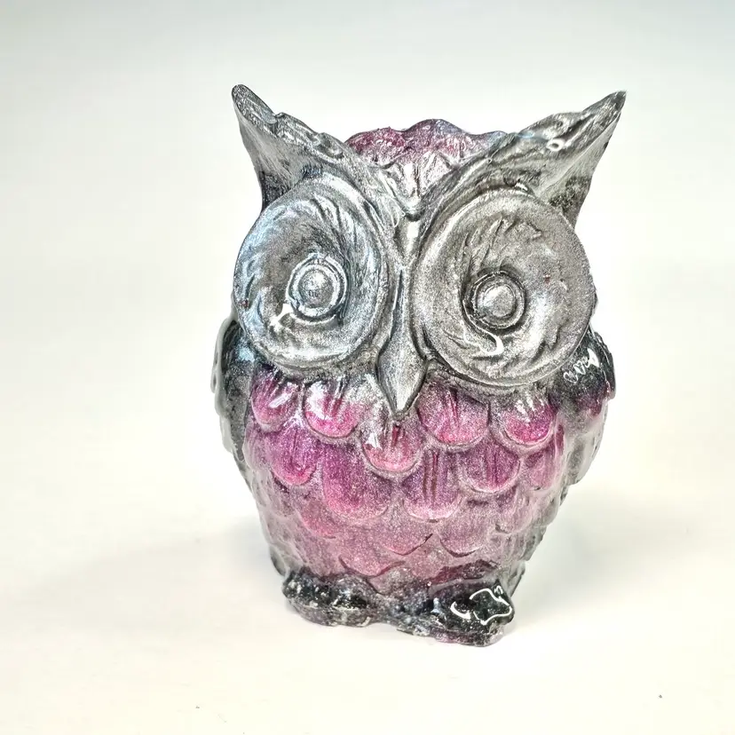 Owl Grey Purple Shimmer Handmade Resin 1.75”H 1.5"W