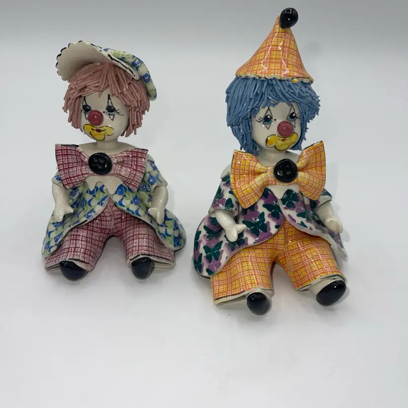 Zampiva Colorful Porcelain Spaghetti Hair Clown Figurines (2) Signed Italy