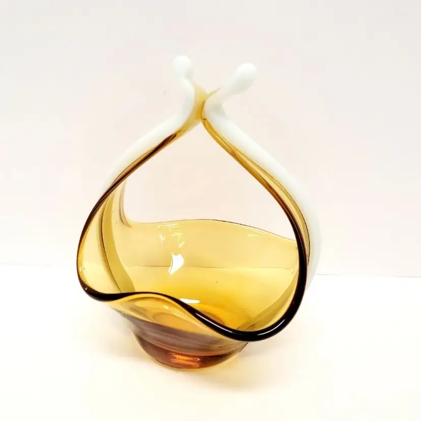 Art Glass Amber Basket/Applied White Glass Detail/Polished Bottom/MCM/Home Decor/Decorative Basket/Glass Basket