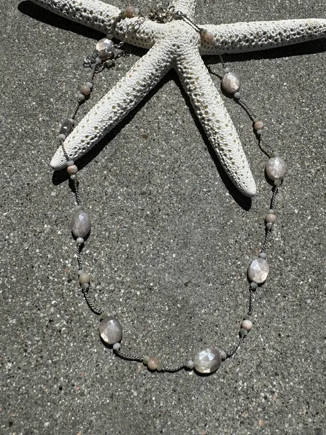 #22 Pink Oval Opals Faceted And Knotted On Beige Silk Thread Illusion Necklace With 3 1/2” Sterling Silver Extender And Clasp 17” Long