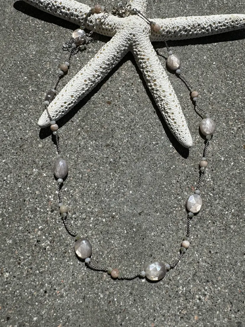 #22 Pink Oval Opals Faceted And Knotted On Beige Silk Thread Illusion Necklace With 3 1/2” Sterling Silver Extender And Clasp 17” Long