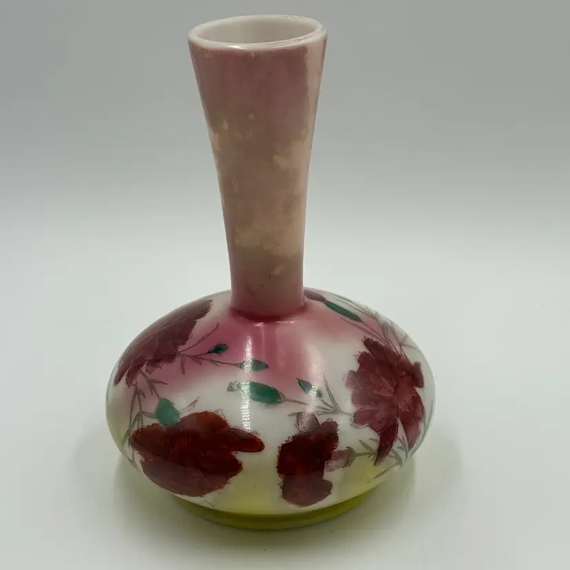 Milk Glass Red Floral Hand Painted Antique Art Nouveau Style Bulbous Vase