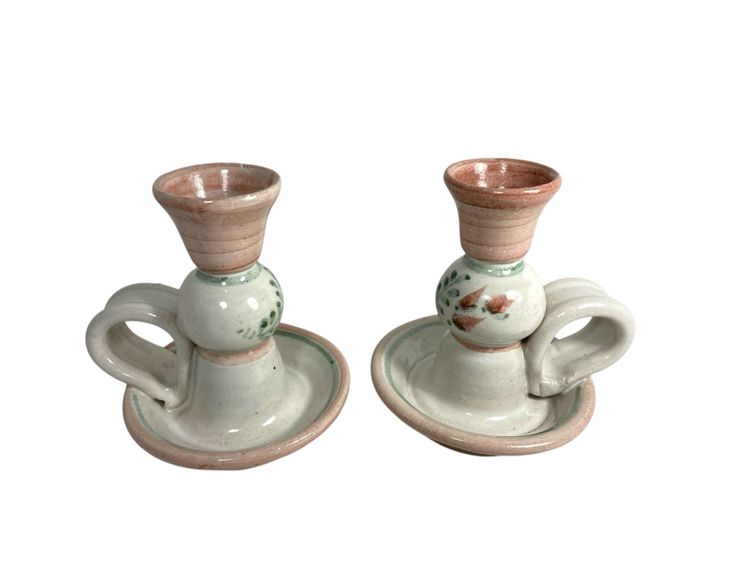 Martin’s Pottery Candle Stick Holders Set Of 2. Pink Flowers, Finger Loop.