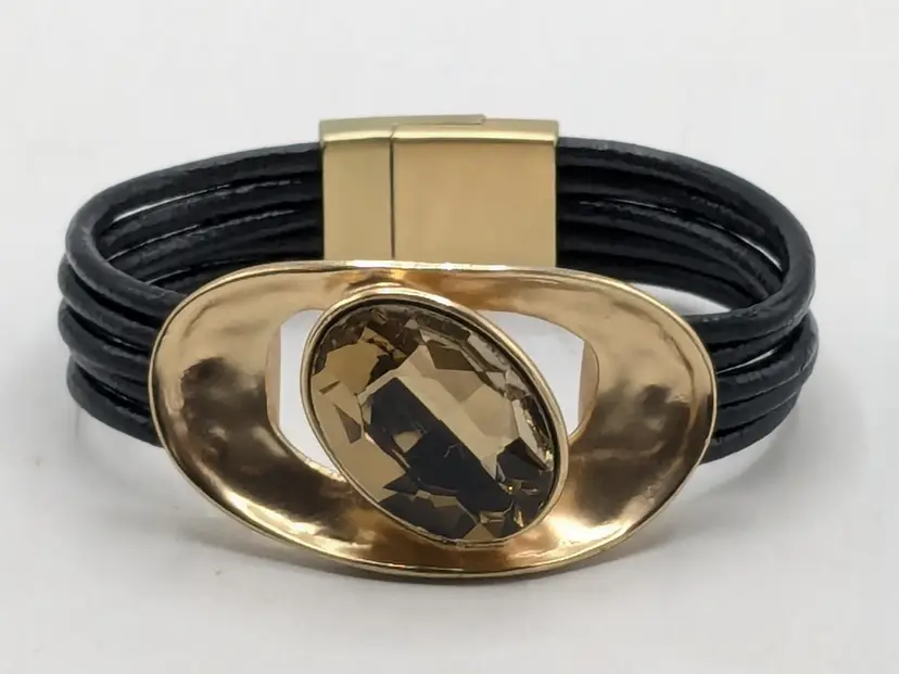 Gold Tone Faceted Yellow Glass Accent Cord Magnetic Bracelet