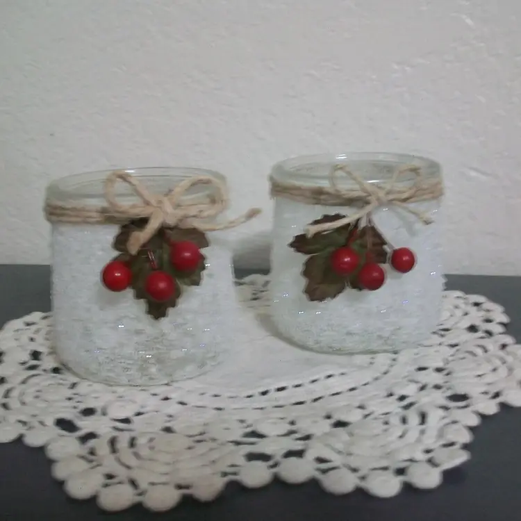 Frosted White Tealight Candle Holders Red Berry Accents Repurposed Food Jars 2.75"
