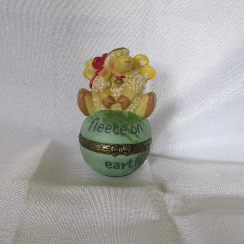 1999 Ceramic Angel Lamb on Globe "Fleece on Earth" Hinged Trinket Keepsake Box