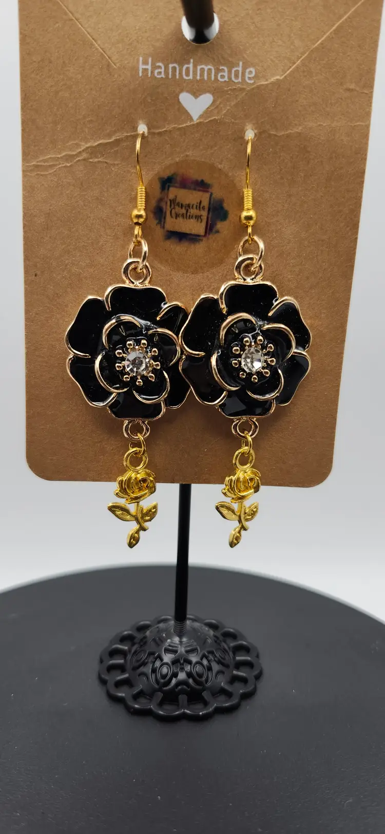 Elegant Black & Gold Rose Drop Earrings- Handmade by me.