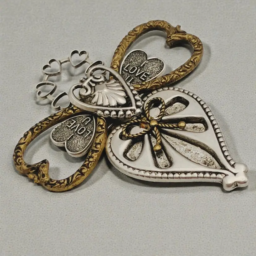 Cross Embellished w/ Hearts & I Love U Silver & Copper Tone Brooch Treska