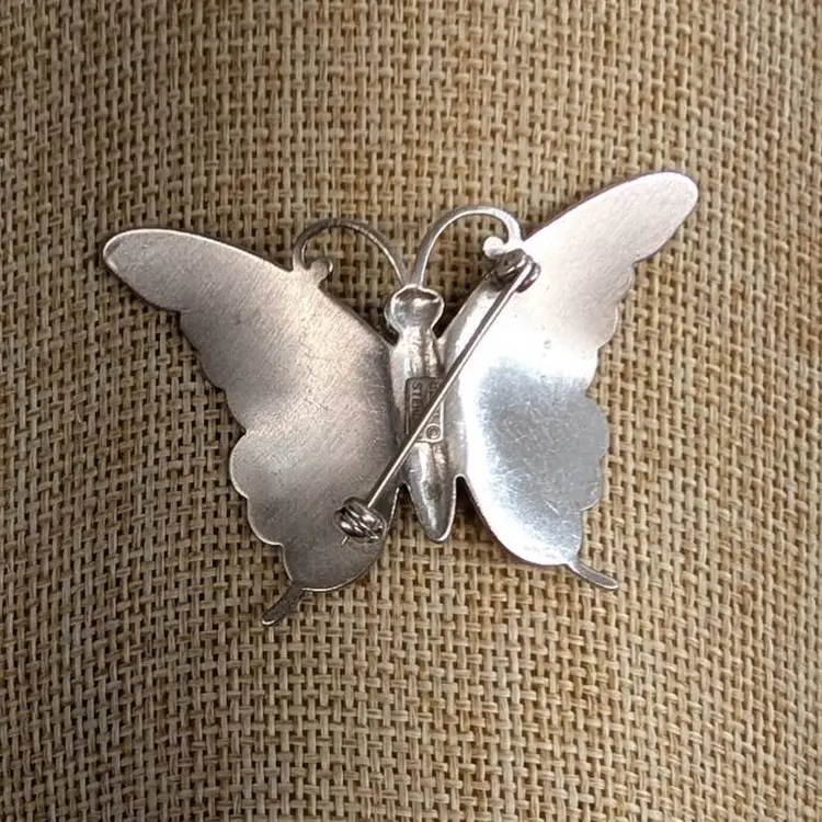 Vintage BEAU Sterling Butterfly Brooch Signed Multicolor Enameled 2 x 1-3/8"