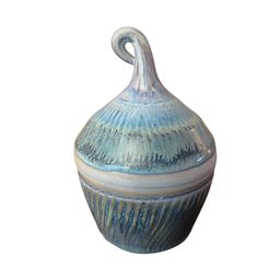 Pottery Container With Lid. Beautiful Blues & Greens. Signed & Numbered