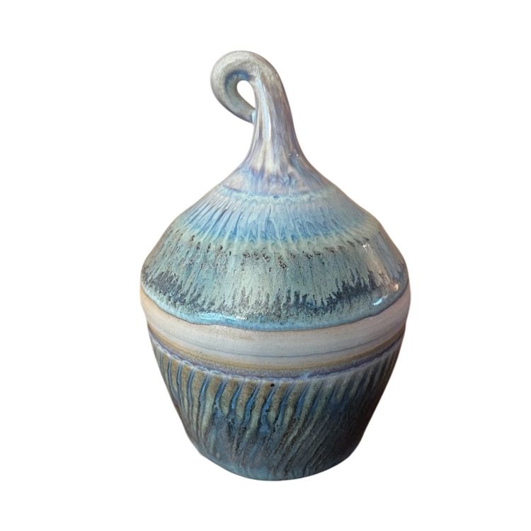 Pottery Container With Lid. Beautiful Blues & Greens. Signed & Numbered